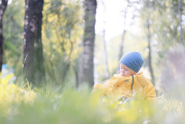 yellow raincoat boy look, autumn seasonal walk in the park - Zdjęcie, obraz