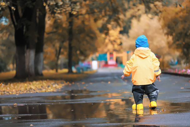 autumn in the park little boy walking in a raincoat seasonal look - Фото, изображение