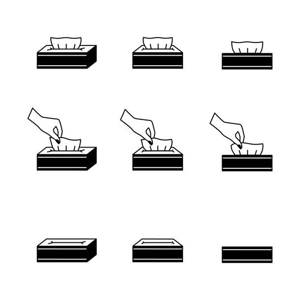 Un conjunto de iconos vectoriales, iconos de logotipo kleenex. Una imagen de servilletas de papel o tela en una caja. La mano saca una servilleta. - Vector, imagen