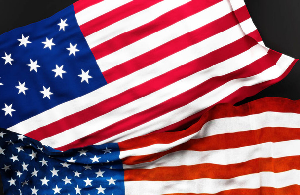 Hopkinsonin lippu sekä Amerikan yhdysvaltojen lippu niiden välisen yhtenäisyyden symbolina, 3d kuva - Valokuva, kuva