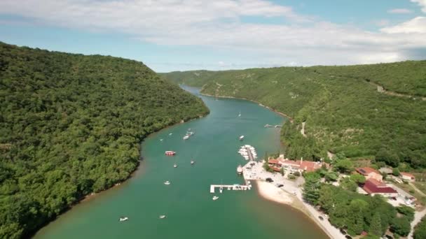 Vista aérea del canal Limski kanal o Lim. Fiordo en la región de Istra, Croacia - Imágenes, Vídeo