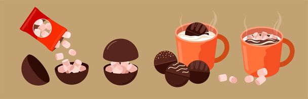 cacao bommen van chocolade en kleine marshmallows. Een warm drankje.. - Vector, afbeelding