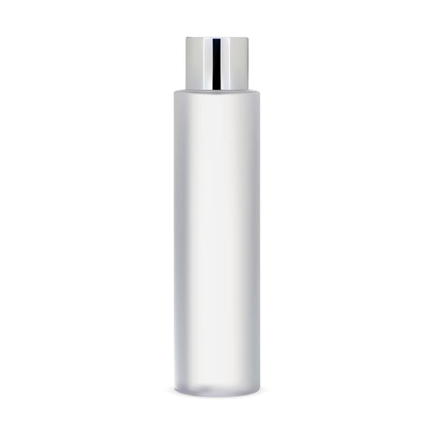 White cosmetic bottle mockup. Cylinder shampoo package isolated product. Glass bottle for skin toner on white background. Tubular gel or cream packaging with silver lid, round blank - Vetor, Imagem