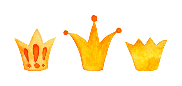 若い王子や王女のための王冠のアイコンの水彩画セット。女王と王のための落書きスタイルのイラスト。白い背景に金色の冠をスケッチします。子供のスタイル。手描き. - 写真・画像