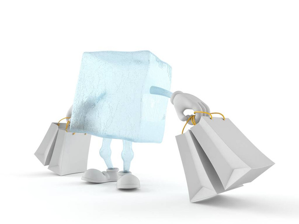 白い背景に隔離されたショッピングバッグを保持する氷のキューブ文字。3Dイラスト - 写真・画像