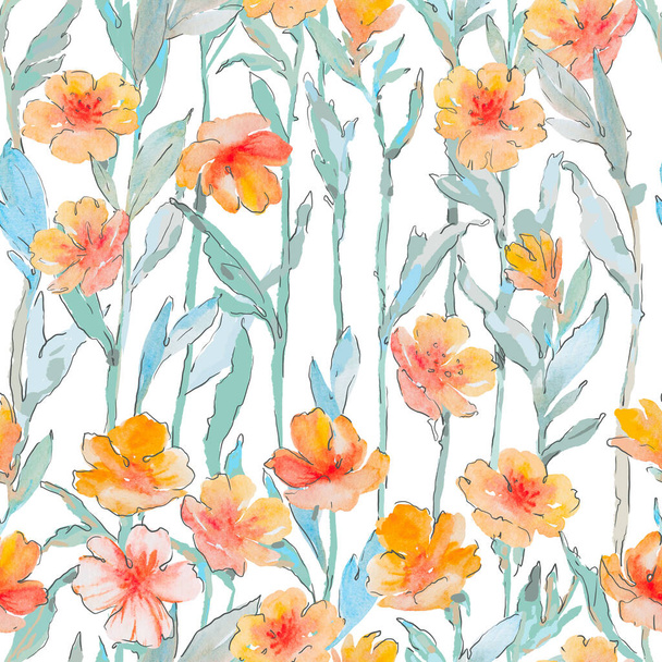 Floral Seamless Pattern. Zeichnung eines Musters aus grünen Blättern und Blumen auf weißem Hintergrund - Foto, Bild