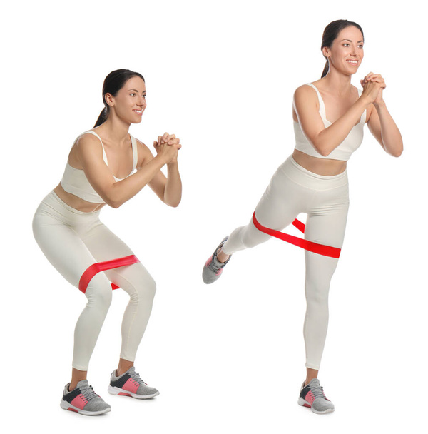 Woman doing sportive exercises with fitness elastic band on white background, collage - Foto, Imagen