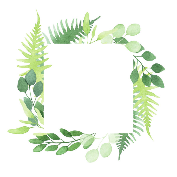 square watercolor frame made of simple abstract fern and eucalyptus leaves. green forest herbs and leaves isolated on white background. - Фото, изображение