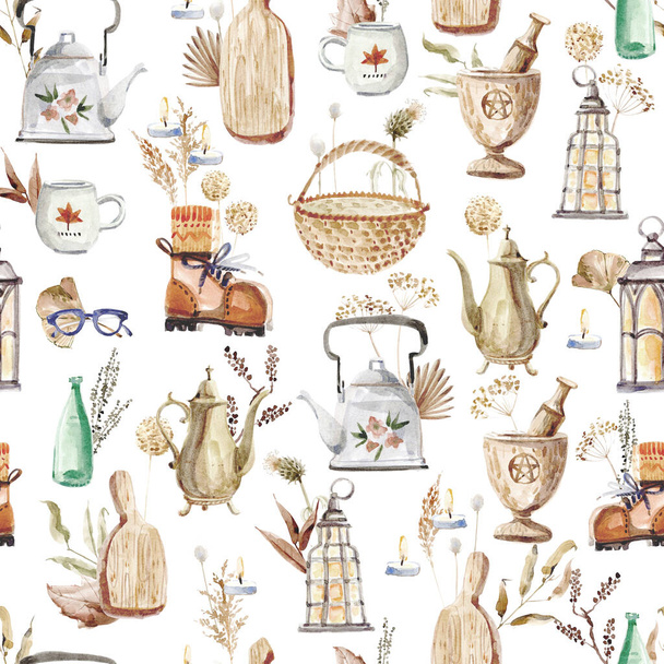 Seamless pattern with autumn spirit elements, herbs, leaves, cozy kitchen equipment. Watercolor illustration, perfect for wallpaper, fabric, wrapping paper - Foto, immagini