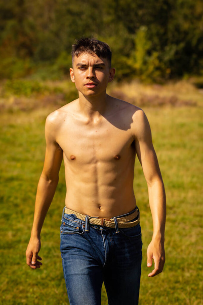 An eighteen year old teenage boy walking in a park on a warm summer's day while shirtless - Fotó, kép