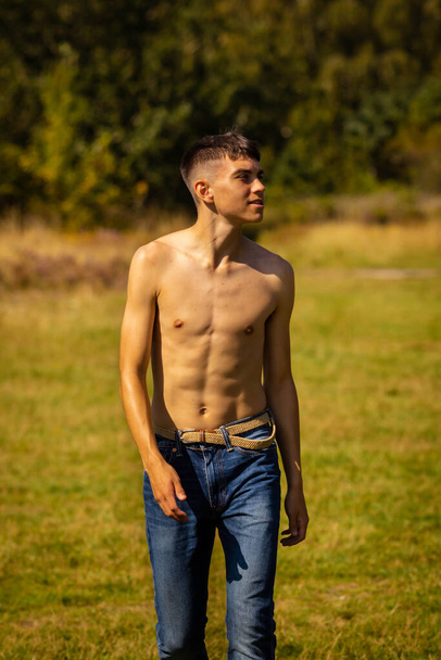 An eighteen year old teenage boy walking in a park on a warm summer's day while shirtless - 写真・画像