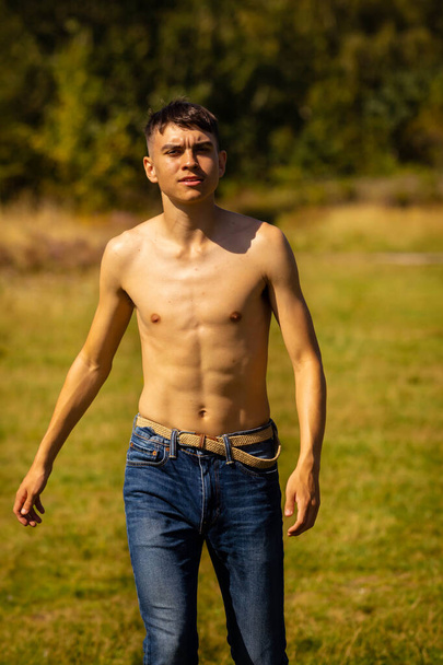 An eighteen year old teenage boy walking in a park on a warm summer's day while shirtless - 写真・画像