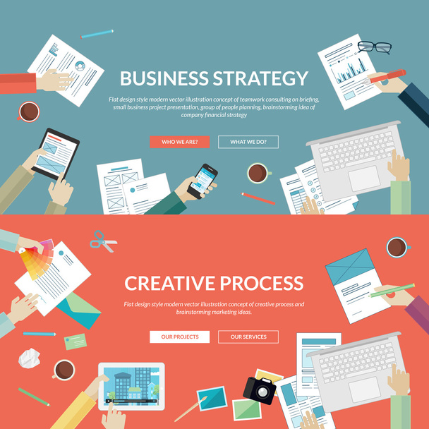 Conjunto de conceptos de diseño plano para estrategia empresarial y proceso creativo - Vector, Imagen
