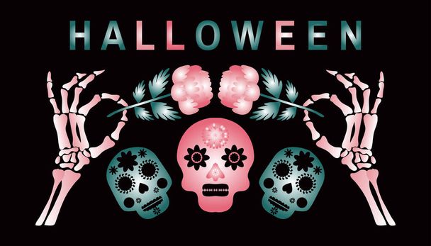 Happy Halloween  neon template background. Festive  banner, poster  with  Calavera la Catrina, skulls,  skeleton. flowers. Vector illustration - Vector, Image
