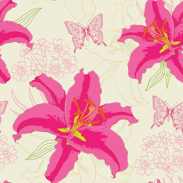 Pattern with red flowers and butterflies - Vektori, kuva