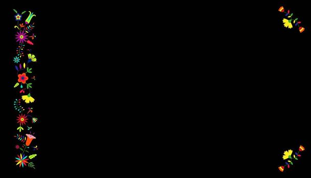 Coloridas flores adorno sobre fondo negro. Bordado mexicano Diseño de estilo otomí para volante, pancarta, tarjeta de visita, plantilla de menú de restaurante, portada, pancarta. Diseño vectorial floral étnico. - Vector, Imagen
