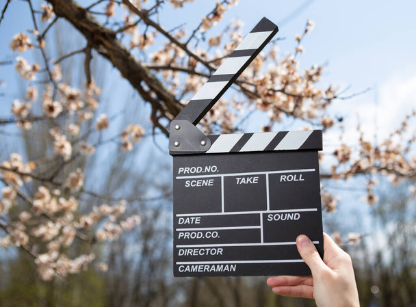 Рука держит доску с фильмами на фоне цветущего дерева - Фото, изображение