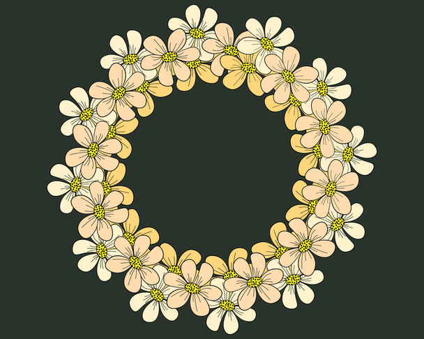illustration, a wreath of delicate floral bouquets on a dark background, design for cards, invitations, textiles, wallpaper, posters - Vector, Image