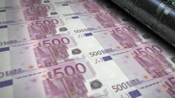Eurokészpénz bankjegyek nyomtató gép. Papír EUR bankjegy nyomtatás 3d hurkolás zökkenőmentes. A bank, az adósság, a jövedelem, a finanszírozás, az uniós gazdaság és a válság elvont fogalma Európában. - Felvétel, videó