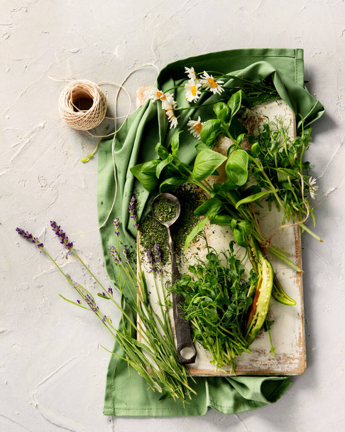 Herbs on light gray background. Vintage rustic concept. Top view, flat lay, copy space - Foto, Imagem