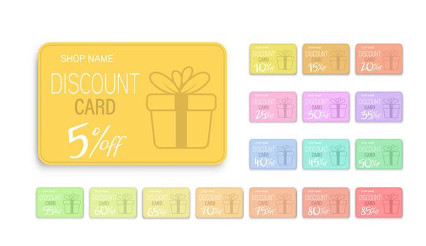 set of discount cards with a discount percentage for a store or business. A gift to the buyer for loyalty. Flat style - Вектор, зображення
