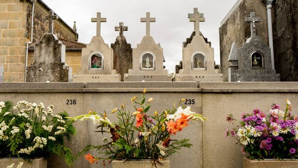 гробницы с нишами, которые заключают святых на кладбище украшены цветами в канун всех святых - Фото, изображение