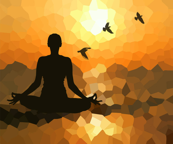 Yoga. Lotus position at sunset. Vector - Vector, Image