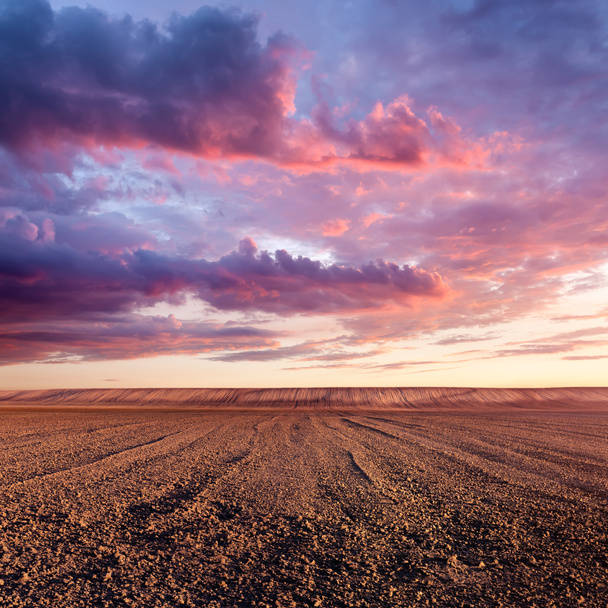 καλλιεργημένη γη και σύννεφο σχηματισμοί στο ηλιοβασίλεμα - Φωτογραφία, εικόνα