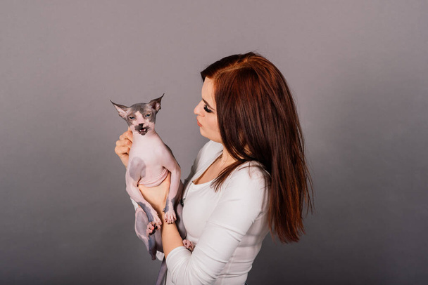 Junge Frau mit kanadischer Sphynx-Katze in einem Studio, grauer Hintergrund - Foto, Bild