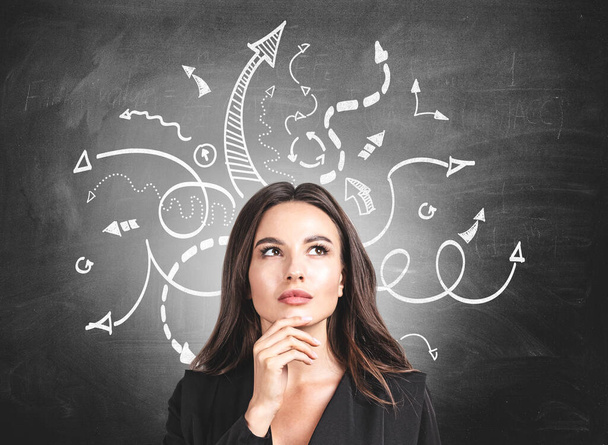 Businesswoman wearing formal suit is standing in front of the chalkboard with sketch with arrows and lines. Concept of imagination and inspiration for creative ideas - Photo, Image
