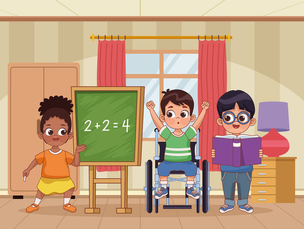 three disability kids studying - Vector, Image