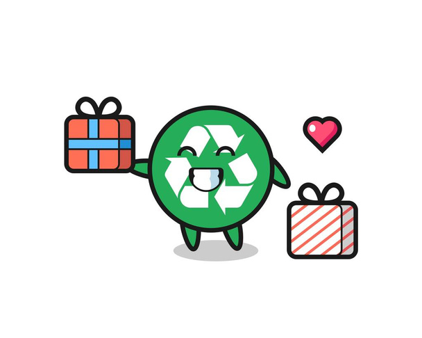 ανακύκλωση καρτούν μασκότ δίνοντας το δώρο, χαριτωμένο σχεδιασμό - Διάνυσμα, εικόνα