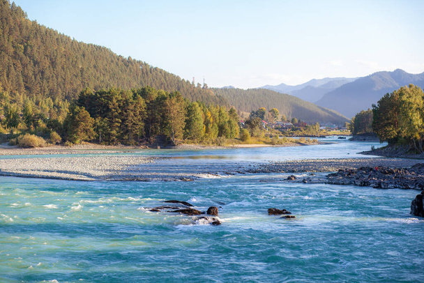 Um rio de montanha de fluxo rápido e amplo. Grandes rochas saem da água. Big Mountain River Katun, cor turquesa, nas Montanhas Altai, República de Altai. - Foto, Imagem