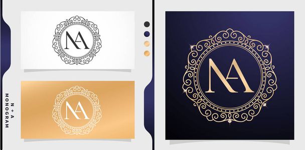 Set van label initiaal NA letter, Cirkel gouden frame rand met ornament patroon. toepasbaar voor brievenpers, borduurwerk, uitnodigingsbruiloft monogram, en teken. - Vector, afbeelding