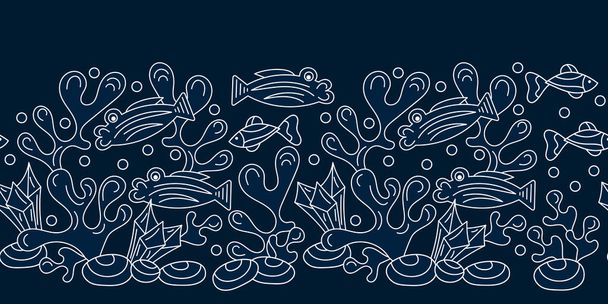 Frontière sans couture Doodle fond sous-marin. Poissons vecteurs et algues dessinés à la main - Vecteur, image