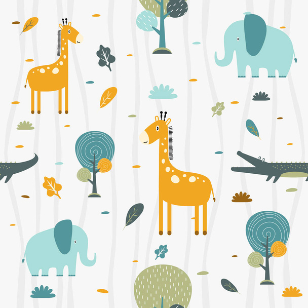 modelli per bambini con temi animali carino giraffe carino, coccodrilli ed elefanti con espressioni felici e sorridenti, e sfondi vegetali. - Vettoriali, immagini