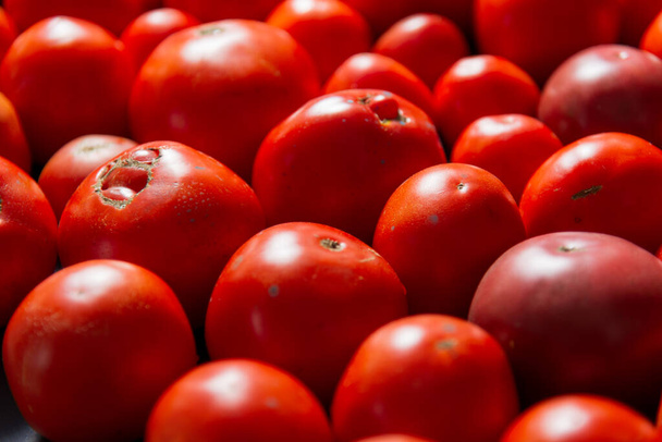 Tmavé pozadí, spousta rajčat jsou stanoveny v různých tvarech. - Fotografie, Obrázek