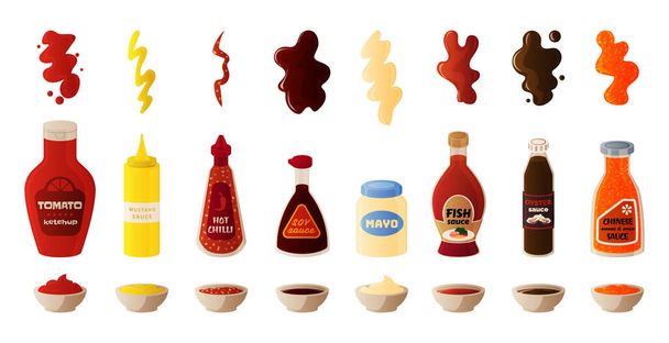 Sauce set. Cartoon kitchen food condiments in bottles. Tomato ketchup and mayonnaise mustard jars. Meal spots or plates with product. Soy and hot chilli spices. Vector spicy dressing - Vector, Image