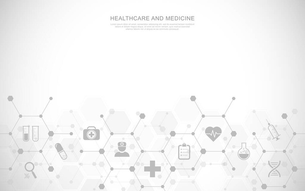 Orvosi háttér és egészségügyi technológia lapos ikonok és szimbólumok. Tervezze sablon koncepció és ötlet egészségügyi üzleti, innovációs orvostudomány, egészségügyi biztonság, tudomány. Vektorillusztráció - Vektor, kép