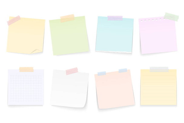 Blank paper notes attached by adhesive tape, white background, vector eps10 illustration - Vector, Image