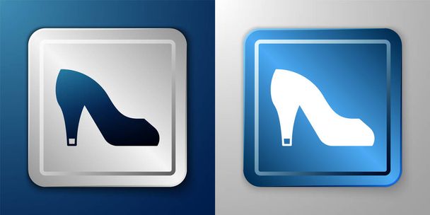 Белая женская обувь с высоким каблуком на синем и сером фоне. Серебряно-голубая квадратная кнопка. Вектор - Вектор,изображение