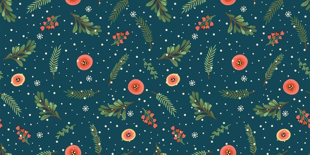 Christmas and Happy New Year seamless pattern. Christmas tree, flowers, berries. - Vektor, Bild