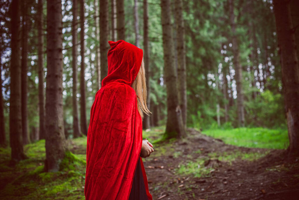 Концепция Хэллоуина. Красивый и простой костюм маленького красного капюшона. Таинственная фигура в капюшоне в туманном лесу. Девушка в красном плаще. Cosplay Fairy Tale Little Red Riding Hood - Фото, изображение