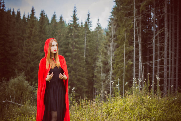 Концепция Хэллоуина. Красивый и простой костюм маленького красного капюшона. Таинственная фигура в капюшоне в туманном лесу. Девушка в красном плаще. Cosplay Fairy Tale Little Red Riding Hood - Фото, изображение