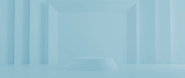 Cosmetic podium product minimal scene with platform teal background 3d render. Display stand for pastel blue mint green color mock up. Show beauty backdrop on pedestal. Simple Cylinder Sweet design - Fotografie, Obrázek