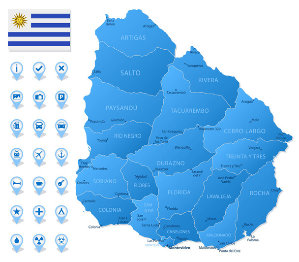 Mapa azul de Uruguay divisiones administrativas con iconos de infografía de viajes. Ilustración vectorial - Vector, imagen