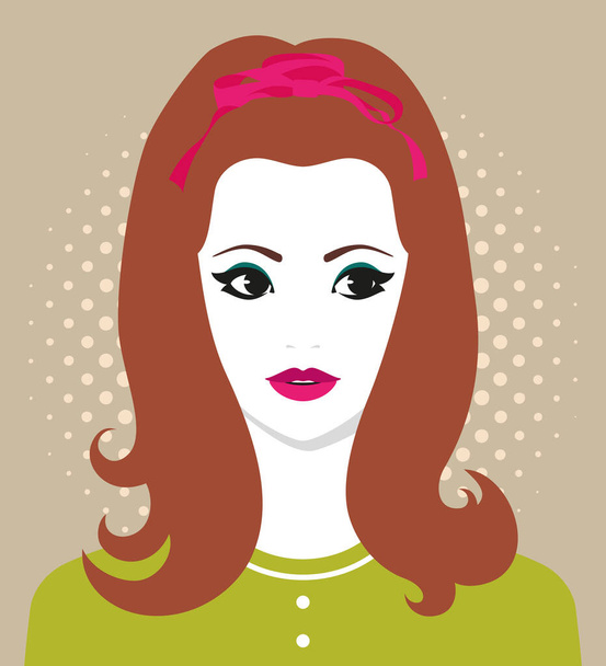 Vector portrait of beautiful young woman in sixties retro fashion style with pink ribbon in her hair, against dotted background, front view - Vector, imagen