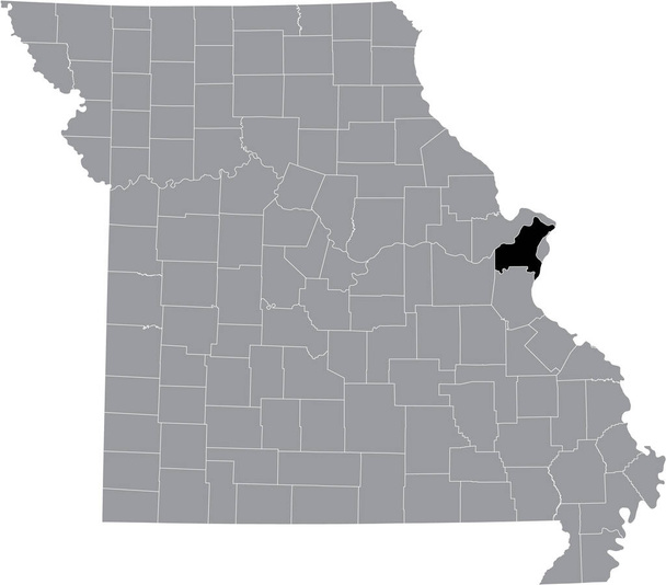 Mappa dettagliata nera della contea di Saint Louis all'interno della mappa grigia dello Stato federale del Missouri, Stati Uniti - Vettoriali, immagini