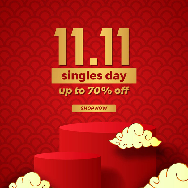 11 11 singles ημέρα πώληση προσφορά banner προώθηση με κύλινδρο βήμα στάδιο οθόνη του προϊόντος με κόκκινο τυχερό χρώμα φόντο - Διάνυσμα, εικόνα