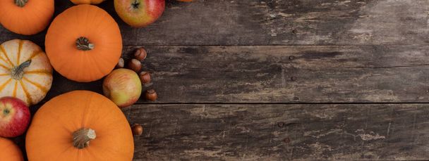 Autumn food background, pumpkin, apple, nut on old tabletop background with copy space for text - Fotografie, Obrázek
